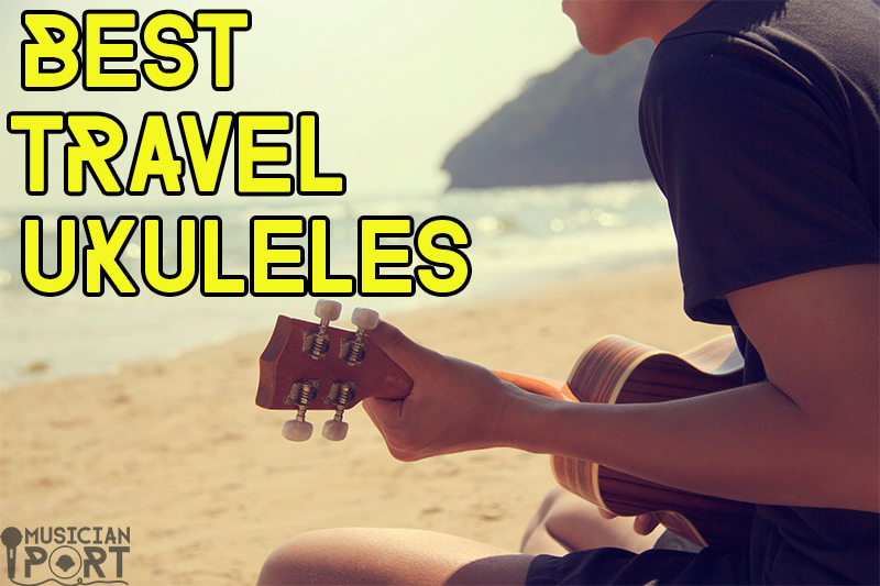 Best travel ukulele article thumbnail. Guy playing ukulele on the beach.